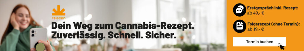 Telecan Werbebanner: Dein Weg zum Cannabis-Rezept 1920 zu 323 Pixel