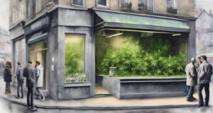 Ein Schaufenster einer Apotheke, die Cannabisprodukte anbietet, ist zu sehen. Vor der Apotheke stehen Menschen in einer Schlange, um Cannabisprodukte zu erwerben. Die Szene spielt sich auf einer belebten Straße ab.